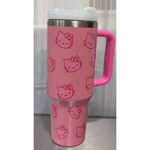 Hello Kitty Pink Stainless Steel Travel Mug Tumbler w/Handle,‎ Lid & Straw  30oz